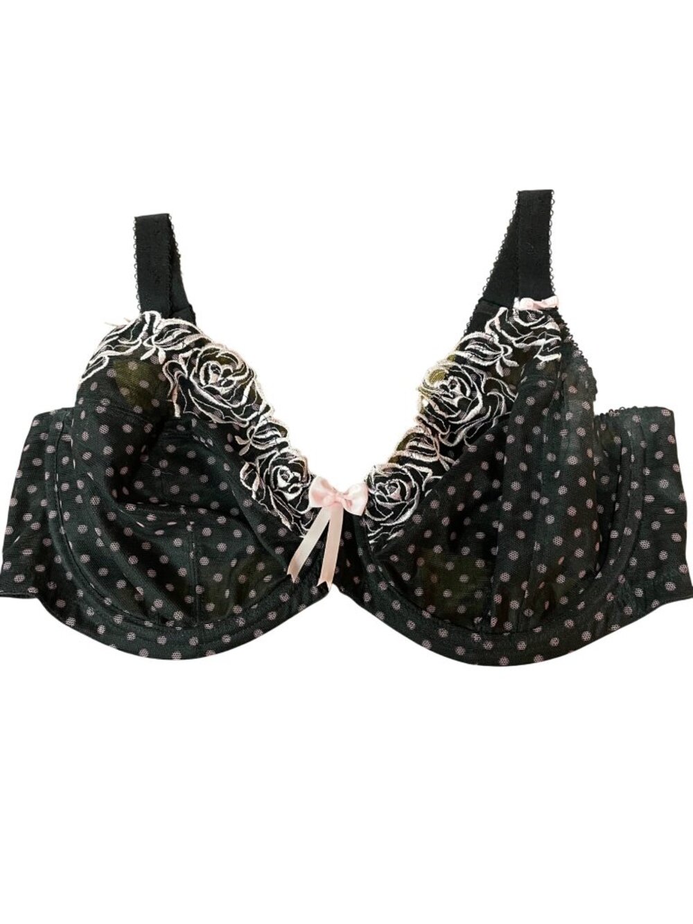 Elomi Betty Underwire Plunge Bra Black Sz 36G Lace Rose Polka Dot Mesh